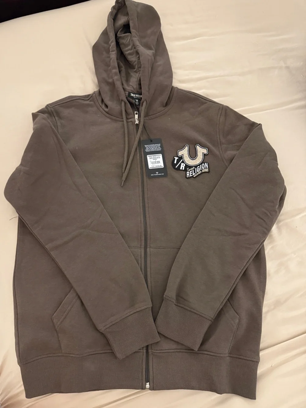 True Religion Men's Brown Zip-Up Hoodie with Logo Patch